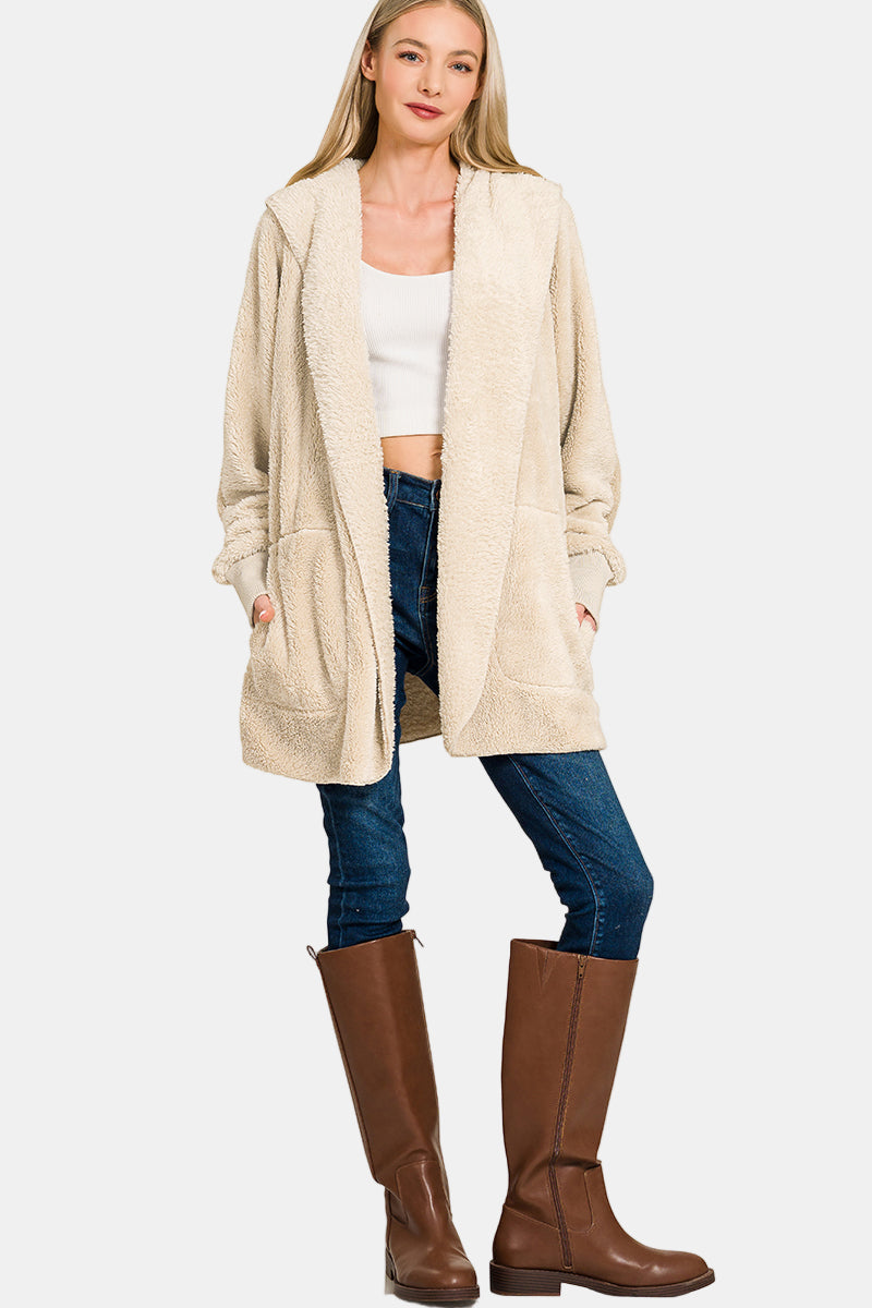 Hooded Faux Fur Jacket with Pockets / MOCHA
