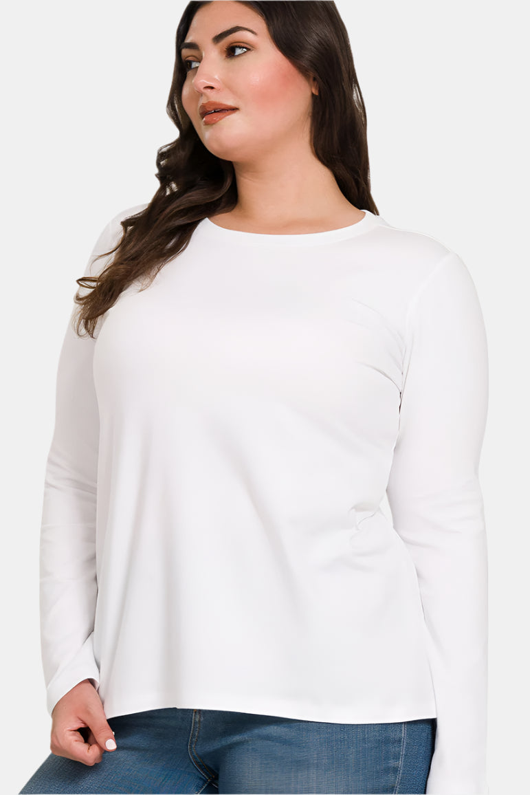 Cotton Crew Neck Long Sleeve T-Shirt / WHITE