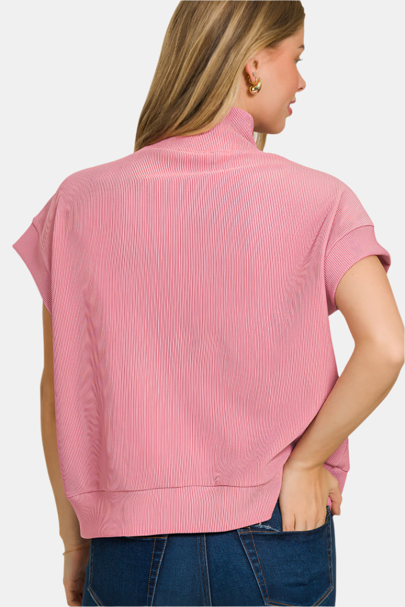 Ribbed High Neck Half Zip Top / DUSTY BLUE