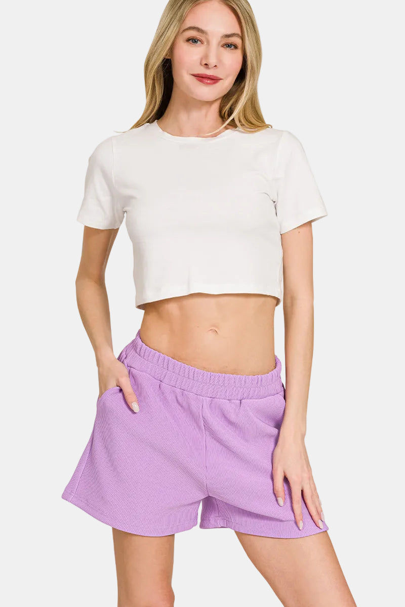 Ribbed Round Neck Waist Banded Tee & Shorts Set / DEEP CAMEL