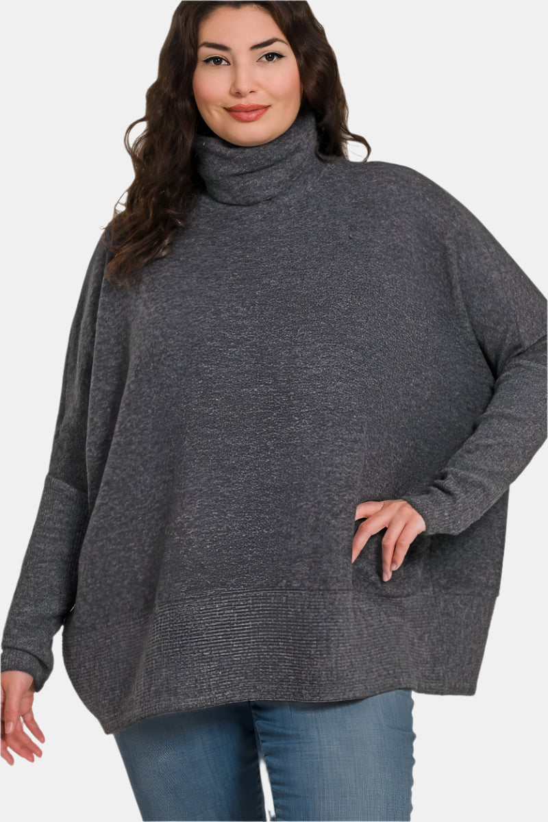 Brushed Melange Hacci Turtleneck Sweater / BLACK