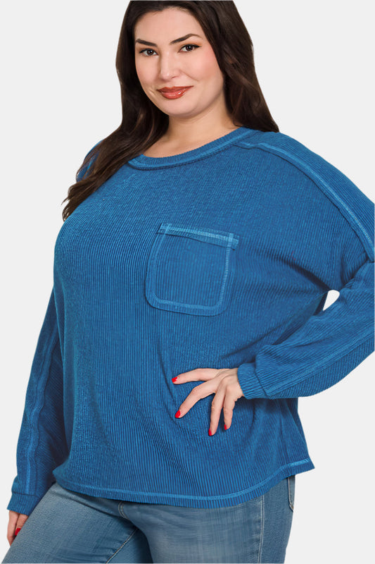 Brushed Ribbed Hacci Round Neck Sweater / CLASSIC BLUE