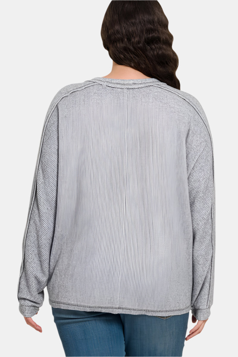 Brushed Ribbed Hacci Round Neck Sweater / H GREY