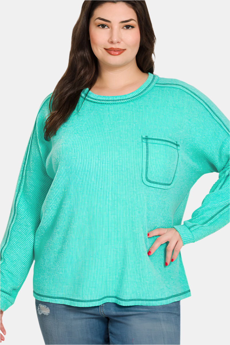 Brushed Ribbed Hacci Round Neck Sweater / TURQUOISE
