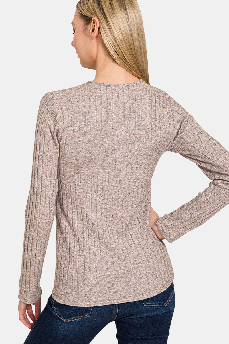 Ribbed Long Sleeve Button Down Top / BLACK