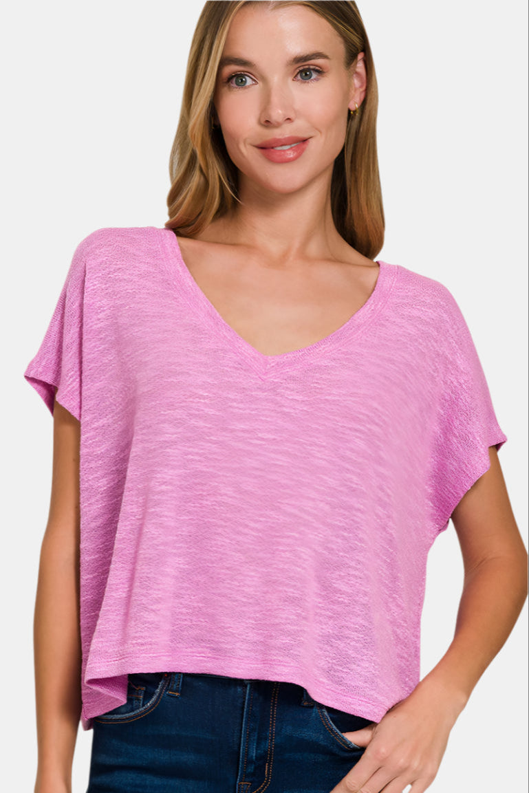 Hacci Slub V-Neck Drop Shoulder Crop Top / BRIGHT MAUVE
