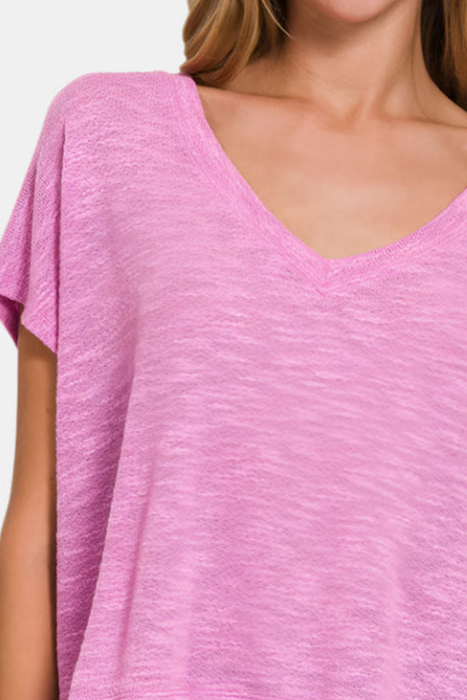 Hacci Slub V-Neck Drop Shoulder Crop Top / BRIGHT MAUVE