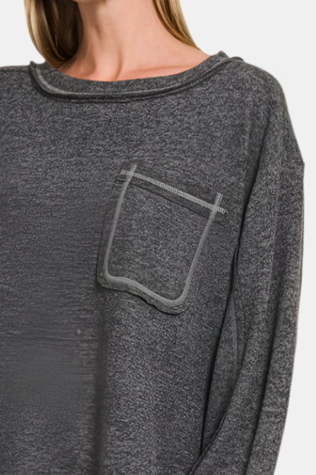 Brushed Hacci Hi-Low Round Neck Sweater / BLACK