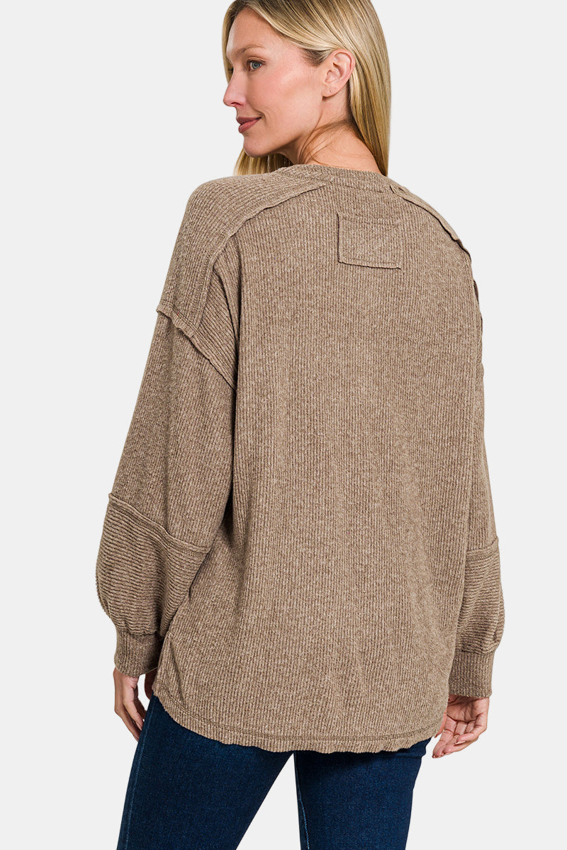Ribbed Brushed Hacci Melange Henley Sweater / BLACK