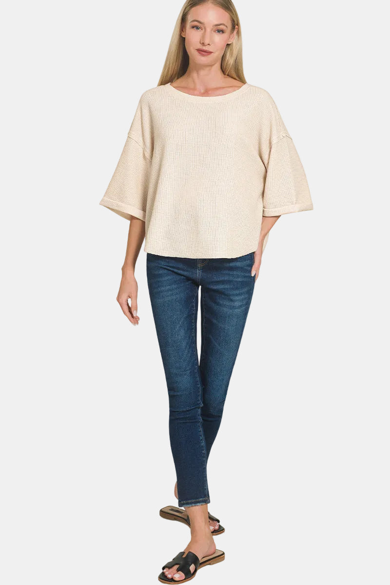 Double Knit Exposed Seam Curved Hem Top / BLACK