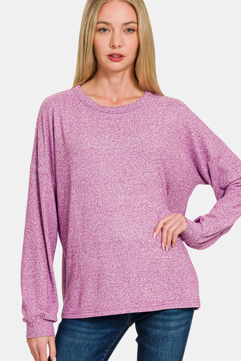 Soft Melange Hacci Long Sleeve Tee & Pants Set / BLACK