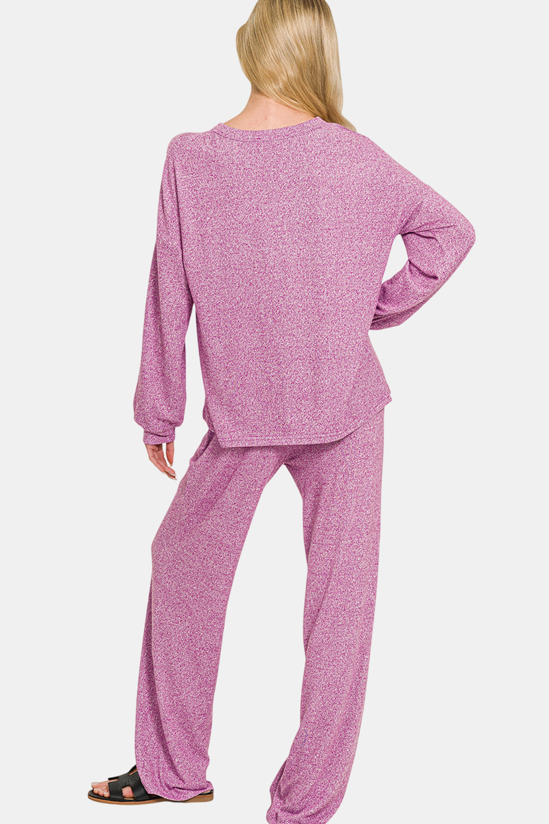 Soft Melange Hacci Long Sleeve Tee & Pants Set / BLACK