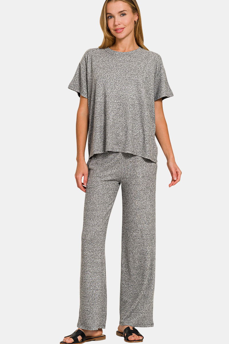 Soft Melange Short Sleeve Tee & Long Pants Set / BLACK