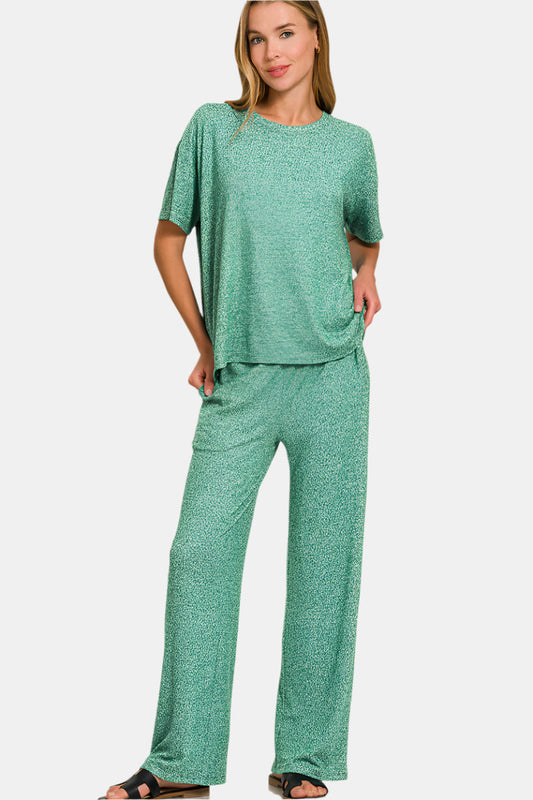 Soft Melange Short Sleeve Tee & Long Pants Set / DK GREEN