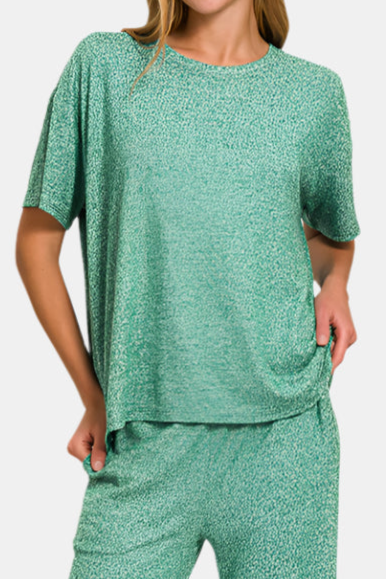 Soft Melange Short Sleeve Tee & Long Pants Set / DK GREEN