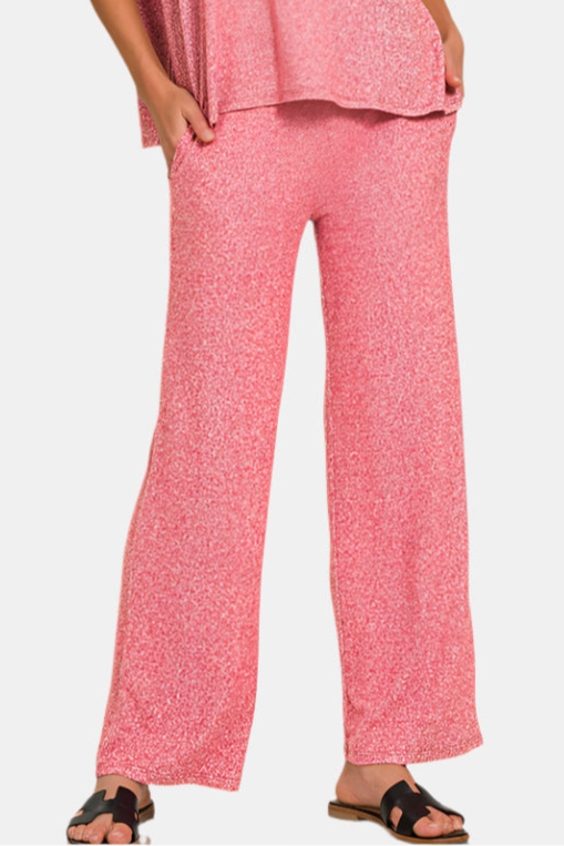 Soft Melange Short Sleeve Tee & Long Pants Set / DK RED