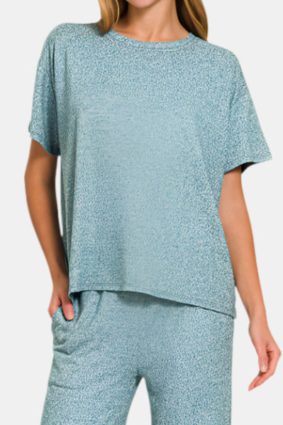 Soft Melange Short Sleeve Tee & Long Pants Set / TEAL
