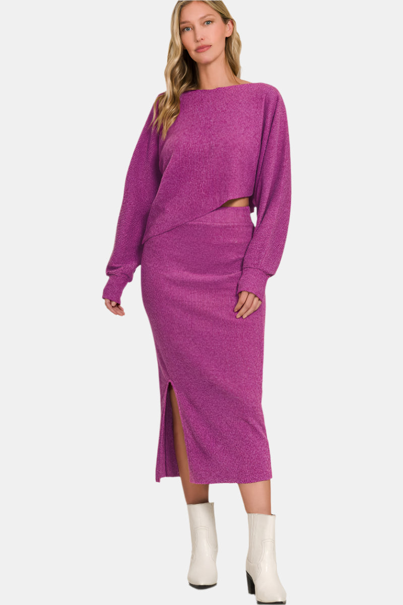 Ribbed Asymmetric Hem and Sleeve Top & Skirt Set / LT PLUM