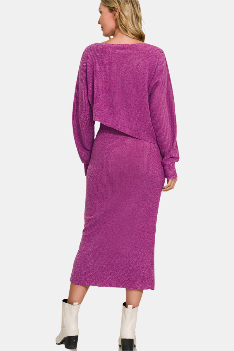 Ribbed Asymmetric Hem and Sleeve Top & Skirt Set / LT PLUM