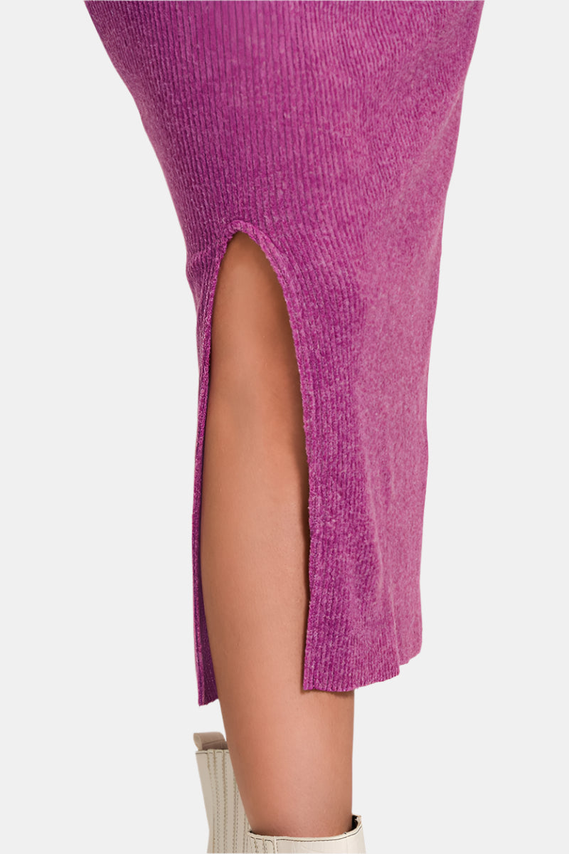 Ribbed Asymmetric Hem and Sleeve Top & Skirt Set / LT PLUM