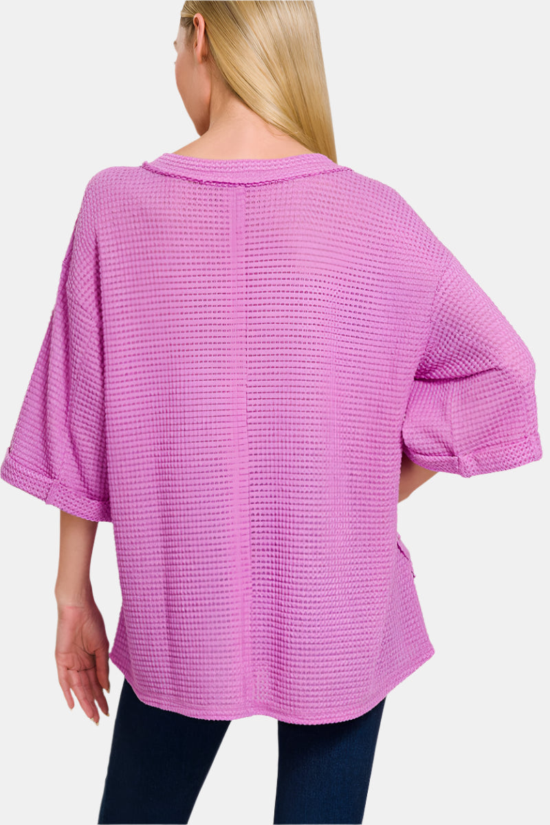 Brushed Waffle Exposed-Seam 3/4 Sleeve Top / OFF WHITE