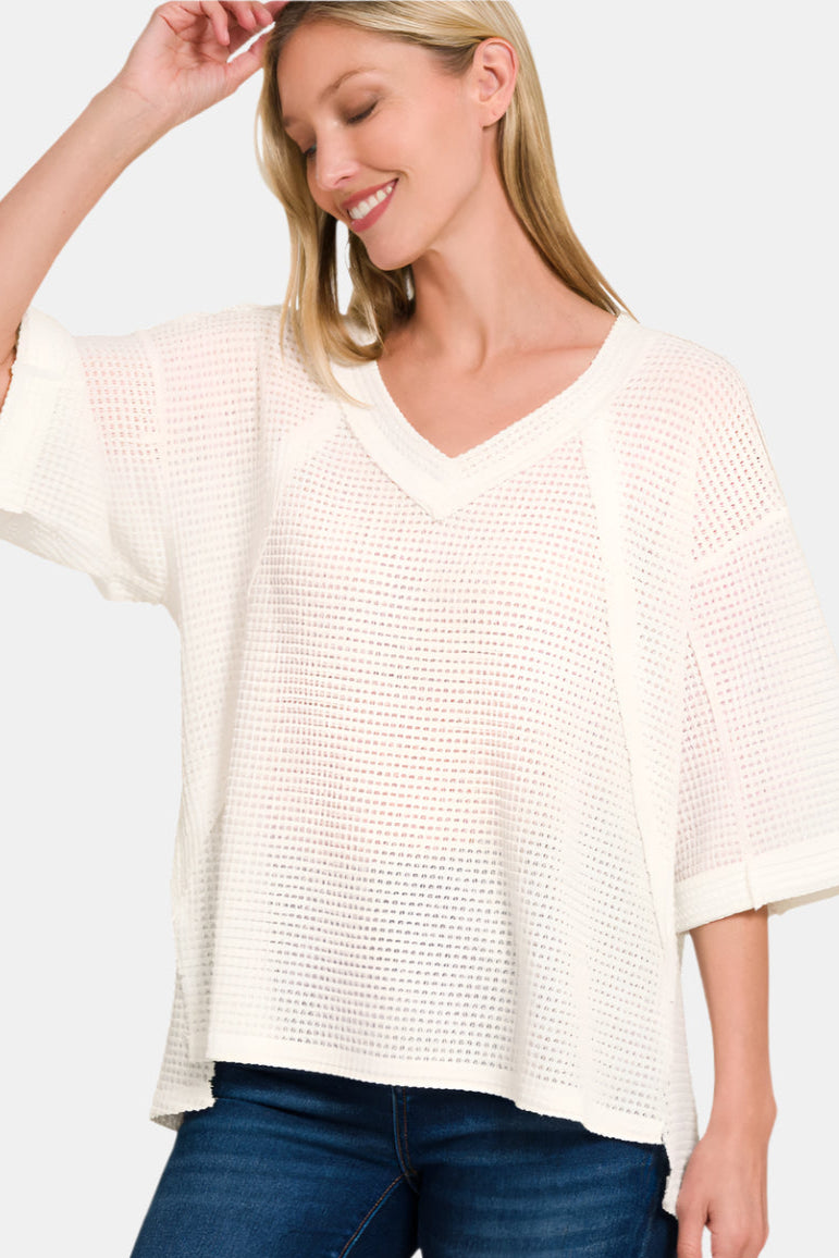 Brushed Waffle Exposed-Seam 3/4 Sleeve Top / OFF WHITE