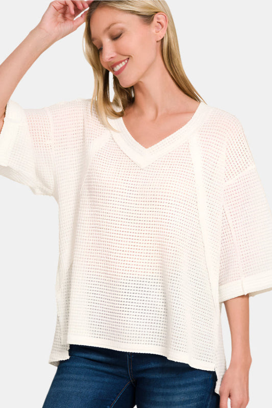 Brushed Waffle Exposed-Seam 3/4 Sleeve Top / OFF WHITE