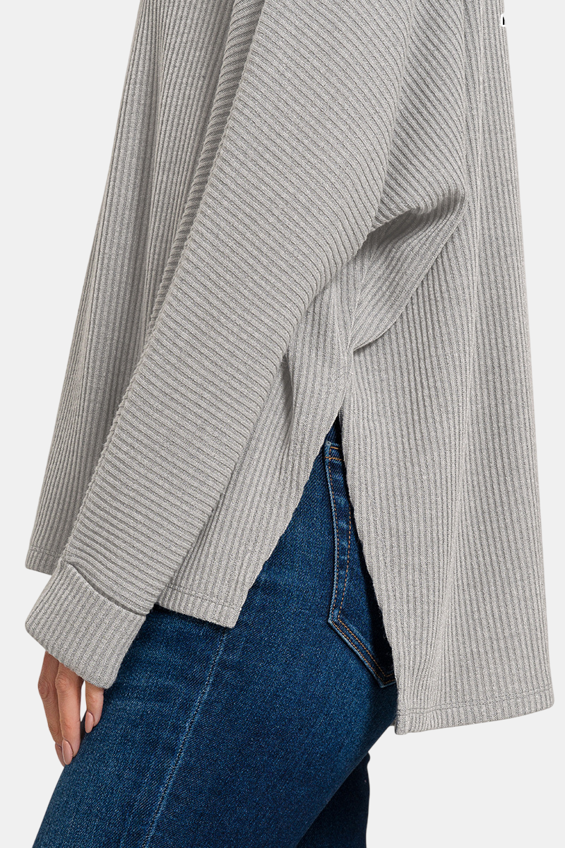 Ribbed Center Seam Dolman Sleeve Hi Low Sweater / BEIGE