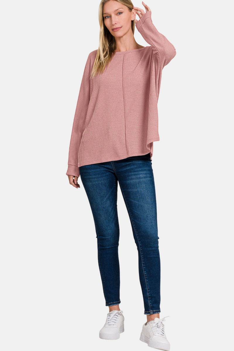 Ribbed Center Seam Dolman Sleeve Hi Low Sweater / BEIGE