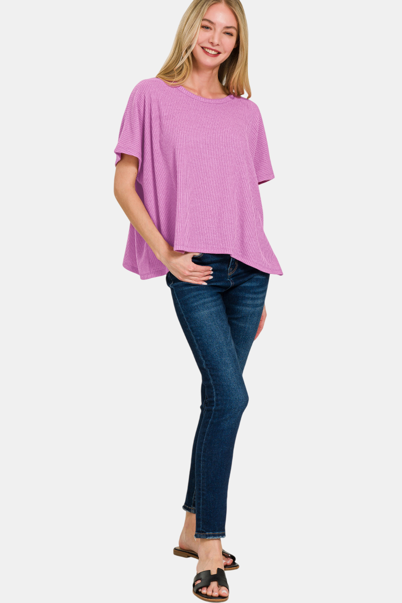 Ribbed Round-Neck Short-Sleeve Sweater / BLUE GREY
