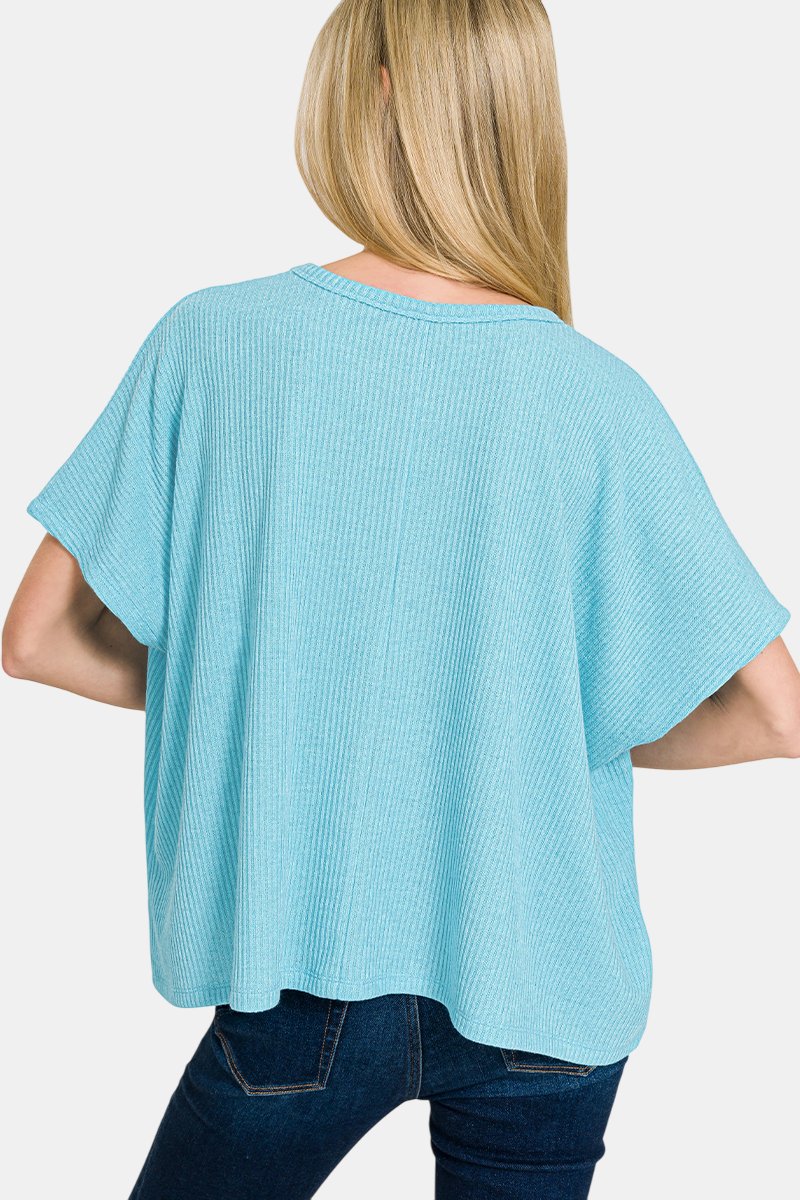 Ribbed Round-Neck Short-Sleeve Sweater / BLUE GREY