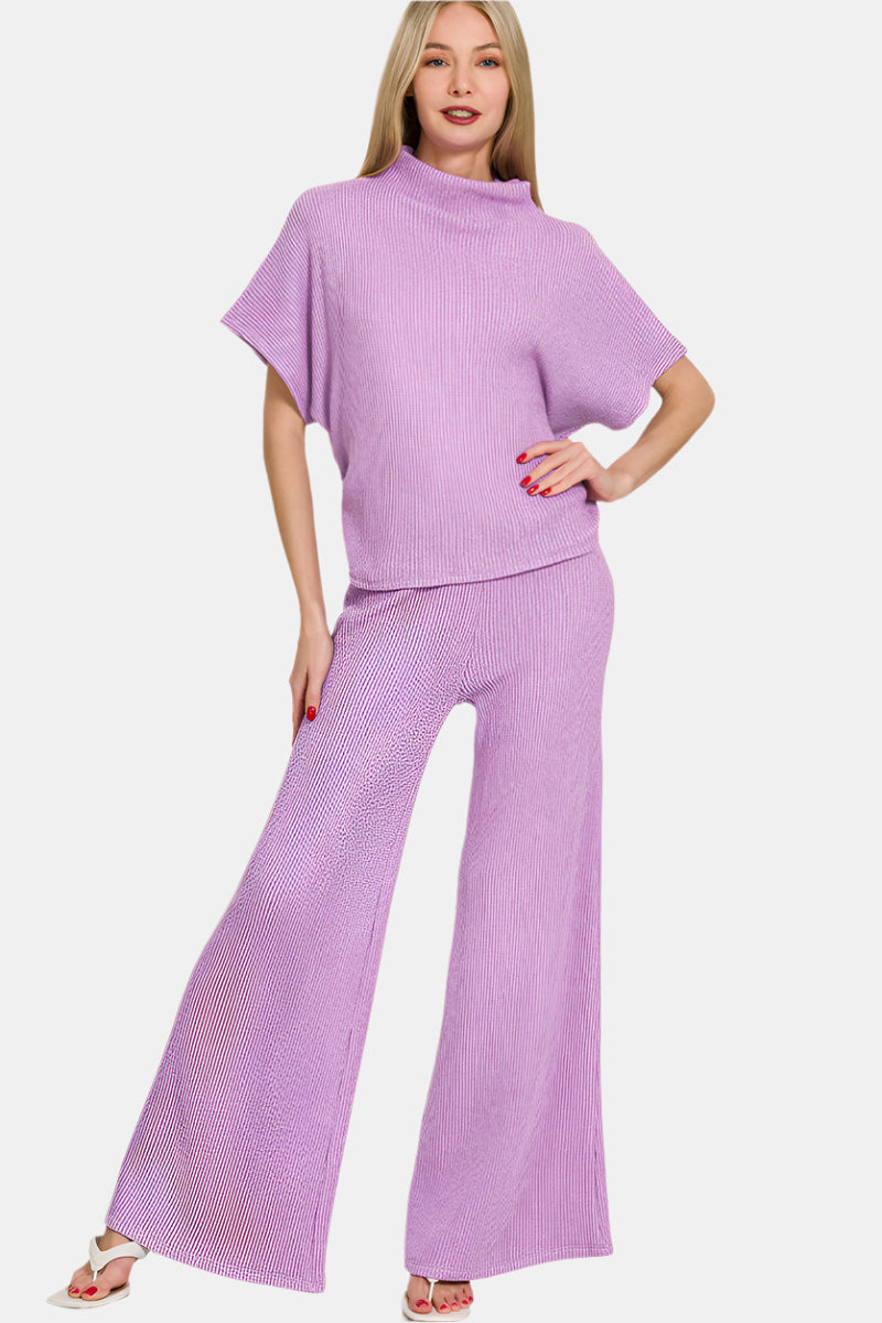 Sweater Mock Neck Top & Long Pants Set / B LAVENDER