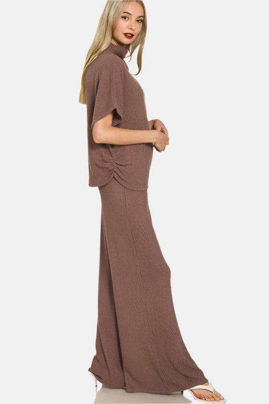 Sweater Mock Neck Top & Long Pants Set / BROWN