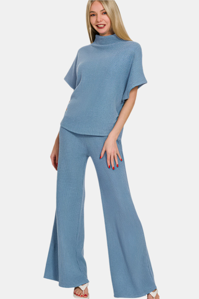 Sweater Mock Neck Top & Long Pants Set / DUSTY BLUE