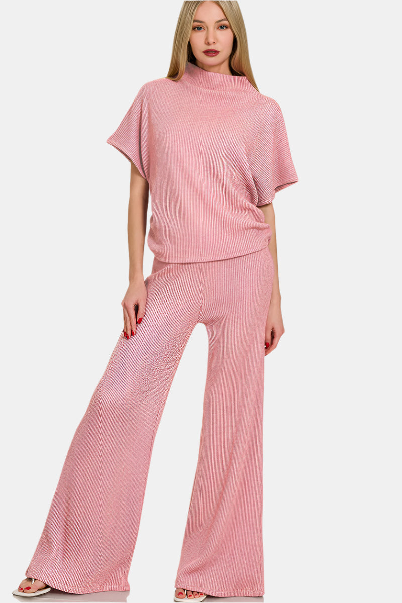 Sweater Mock Neck Short Sleeve Top & Long Pants Set / LT ROSE