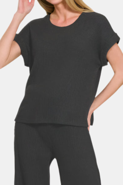 Sweater Rolled Sleeve Top & Long Pants Set / BLACK