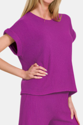 Sweater Rolled Sleeve Top & Long Pants Set / LT PLUM