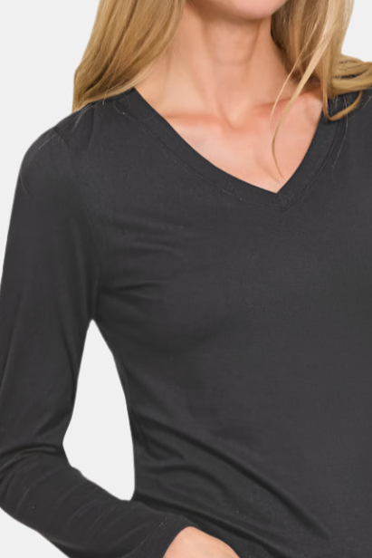 Brushed Microfiber Long Sleeve V-Neck Tee / BLACK