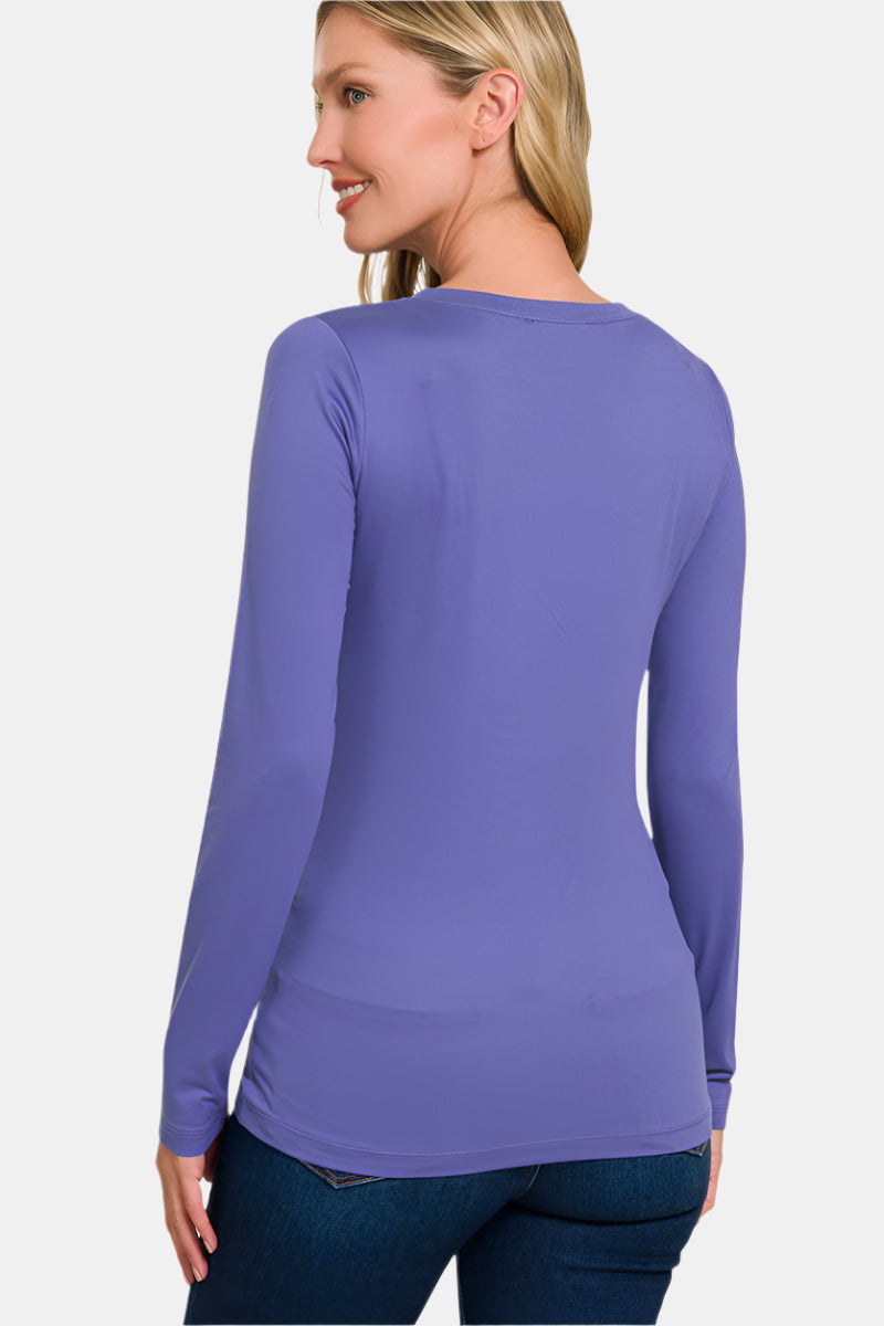Brushed Microfiber Long Sleeve V-Neck Tee / BLACK
