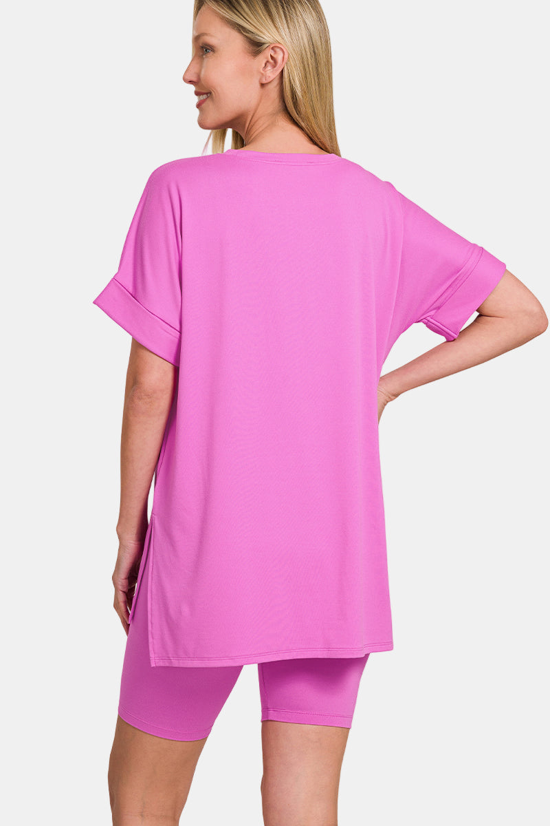 Brushed DTY Microfiber Round Neck Top & Biker Shorts Set / BROWN