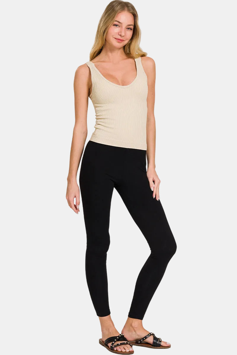 Ribbed Seamless Bra Padded V-Neck Tank Top / BLACK