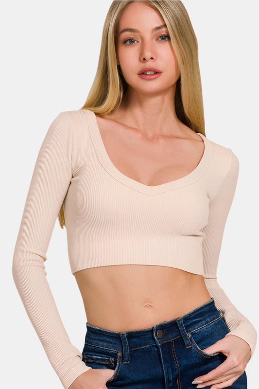 Seamless Fitted Rib V-Neck Long Sleeve Crop Top / SAND BEIGE