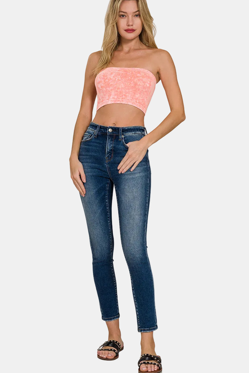 Washed Ribbed Seamless Tube Top / ASH OLIVE