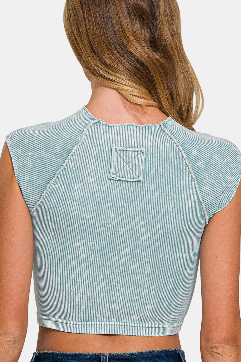 Stone Washed Ribbed Seamless Round Neck Crop Top / DEEP SKY