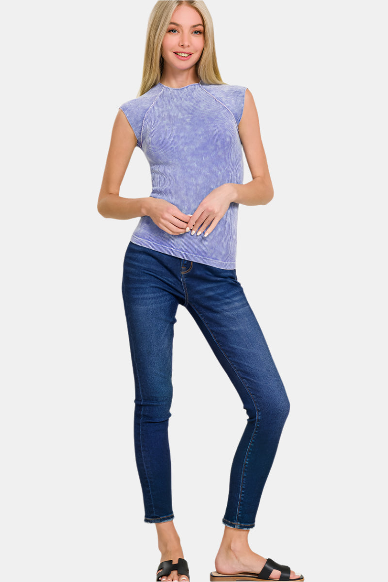 Stone Washed Ribbed Seamless Top / BLACK