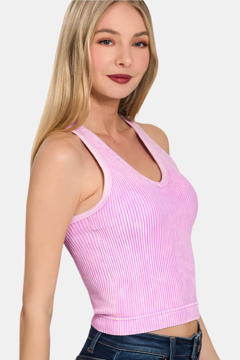 Washed Ribbed Seamless Bra Padded V-Neck Tank Top / B LAVENDER