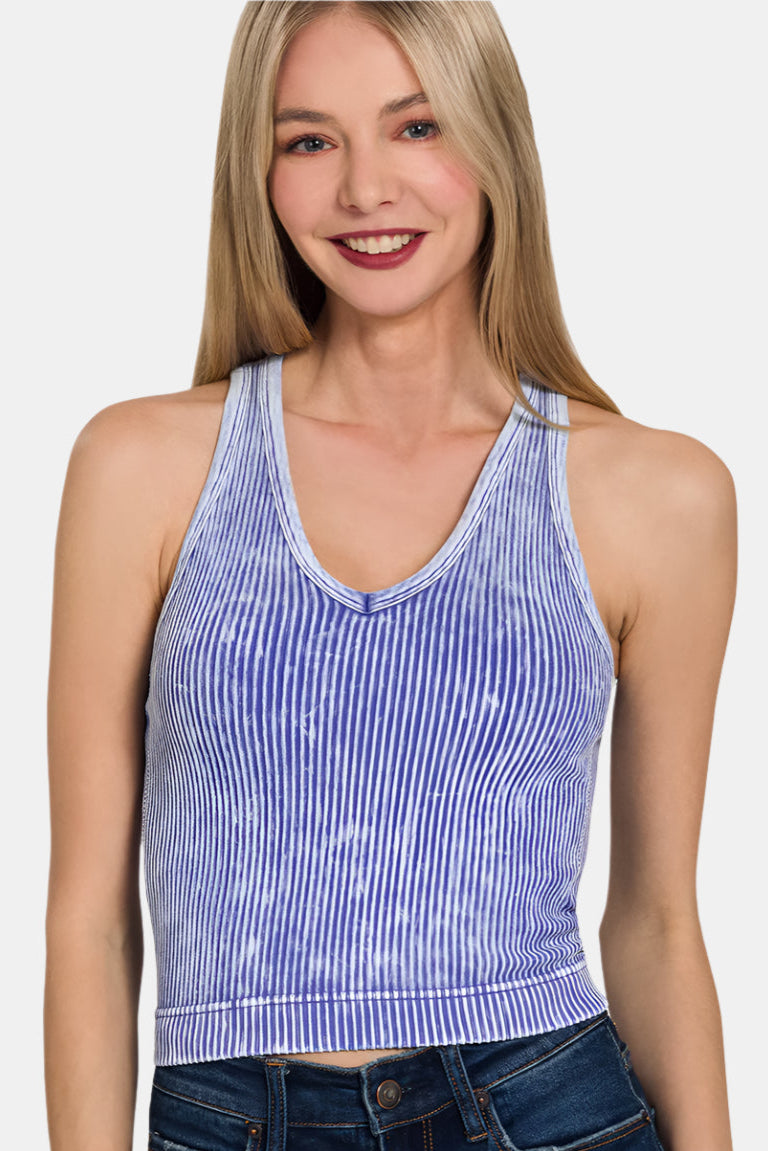 Washed Ribbed Seamless Bra Padded V-Neck Tank Top / B LAVENDER