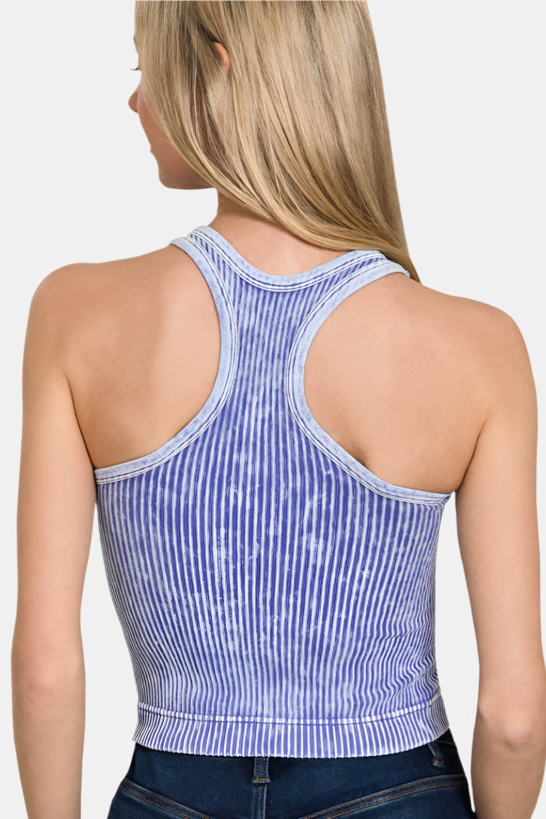 Washed Ribbed Seamless Bra Padded V-Neck Tank Top / B LAVENDER
