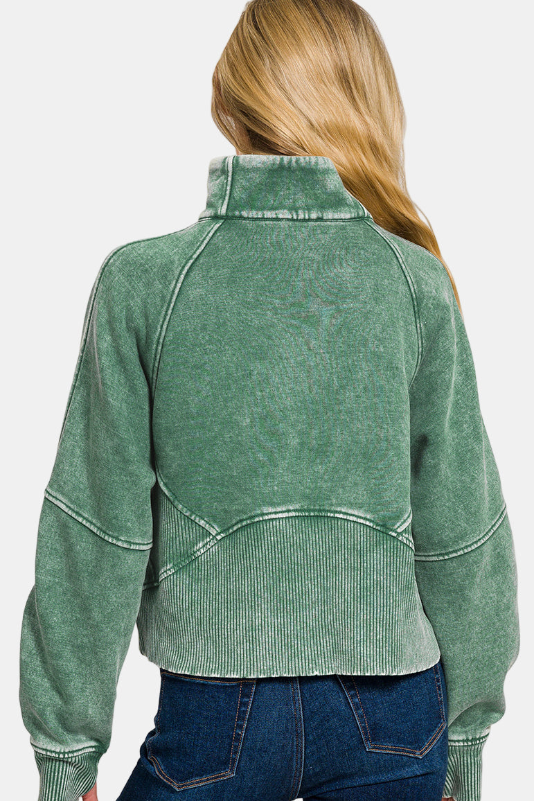 Acid Wash Zip Up Fleece Jacket / MOCHA