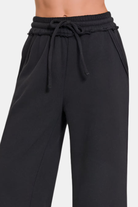 Fleece Exposed Seam Wide Leg Sweatpants / BLACK